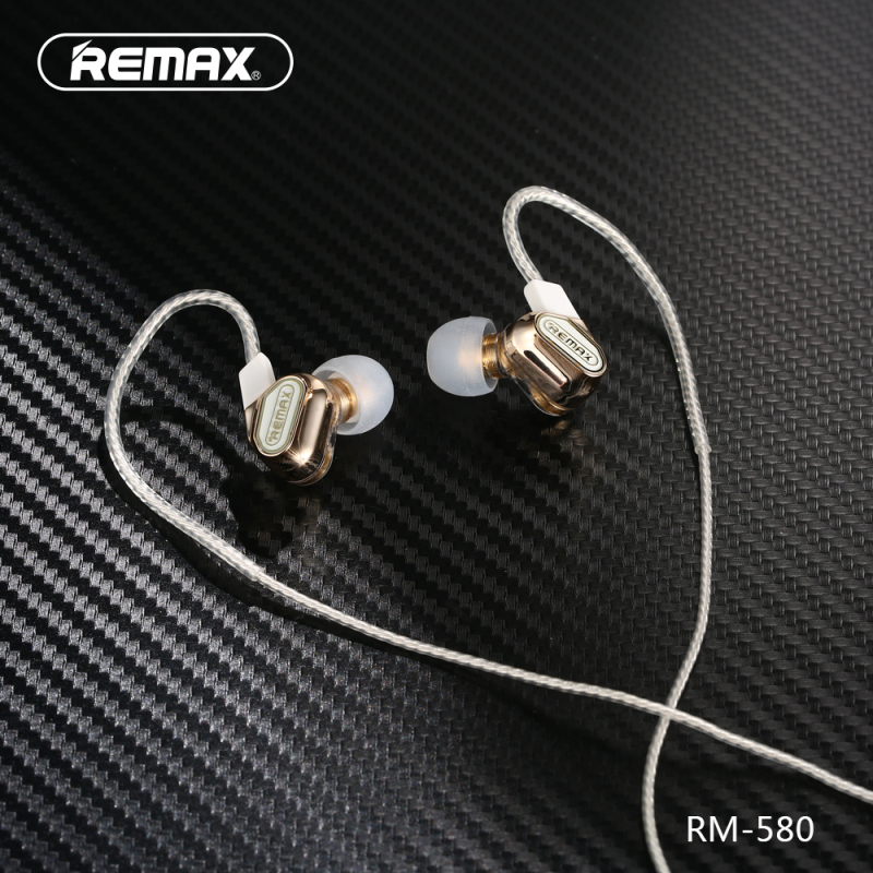 Remax睿量RM-580双动圈有线耳机入耳式hifi四核重低音耳塞式线控带麦k歌直播游戏电竞通用型-金色