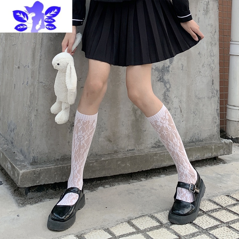 ideamini小腿袜jk黑丝女中筒袜黑色蕾丝长筒镂空春薄款丝袜