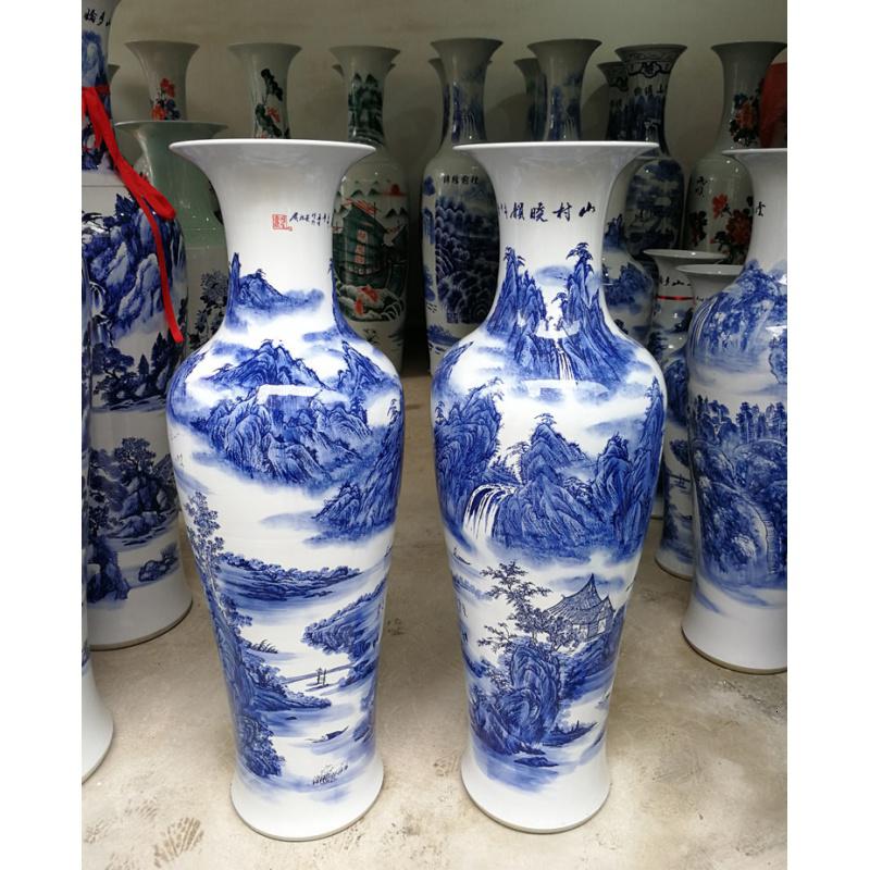 景德镇陶瓷器大花瓶手绘青花山水新房客厅酒店落地装饰品摆件 三维工匠 山村晓韵1.2米高清大图