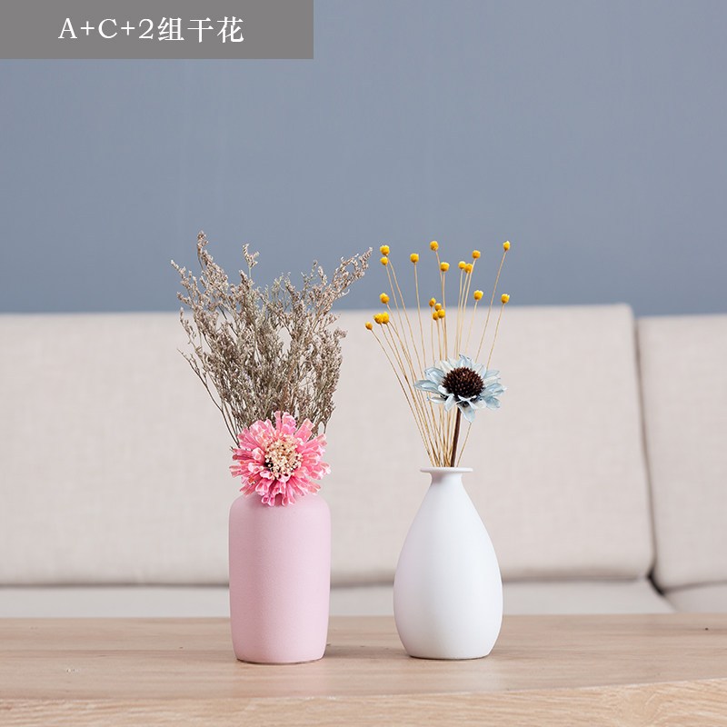 小花瓶桌子摆件干花客厅插花餐桌电视柜北欧创意陶瓷家居装饰品 三维工匠 梦雨两件套+干花[套装1]