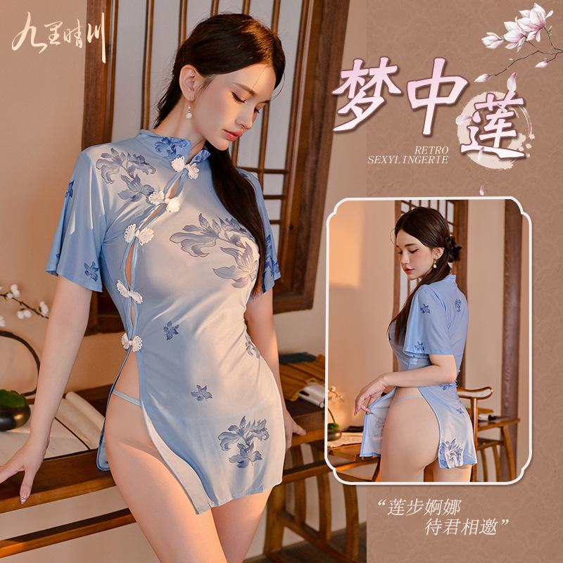 九里晴川连衣裙蓝趣内衣性感水墨江南高腰开叉古风古典旗袍 九里晴川Q0084[旗袍连衣裙-蓝] 均码高清大图