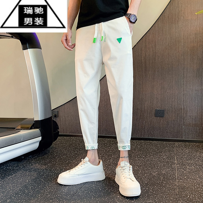 希杰狮王夏季薄款卷边九分休闲裤男潮流韩版白色裤子高级感修身9八分男裤