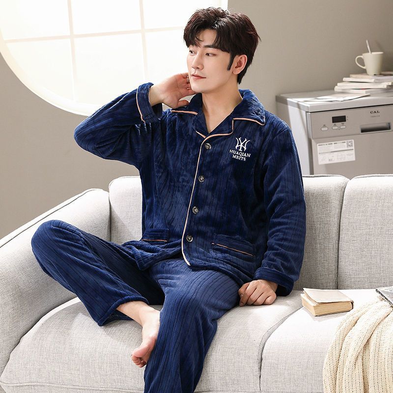 男士睡衣法兰绒秋冬款开衫珊瑚绒睡衣男式冬季加厚加绒家居服套装视频