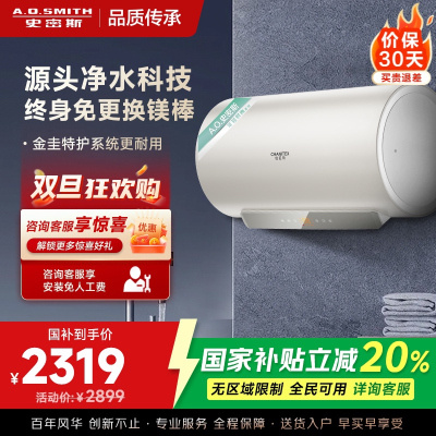 史密斯佳尼特80升电热水器 金圭内胆双棒分离速热 免换镁棒 免清洗 CTE-80JC3