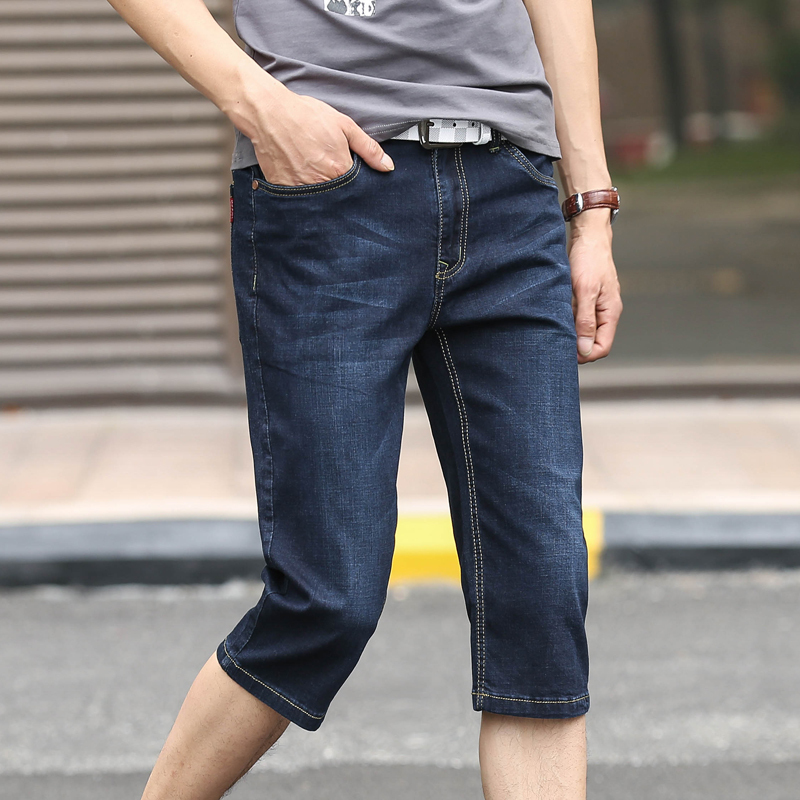 吉普战车2021年夏季新款商务中青年男士牛仔裤男士七分裤高弹力修身直筒休闲裤男士短裤男装大码男裤JIPUZHANCHE