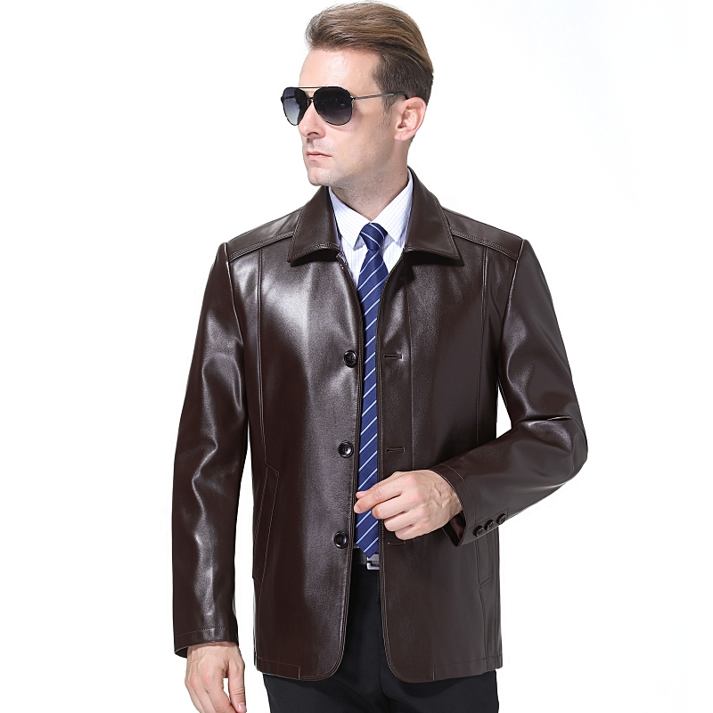 正品男装海宁真皮皮衣男士绵羊皮夹克翻领扣子款男式中老年单皮大码薄外套官方旗舰店特卖特卖 195/104A 1978棕色