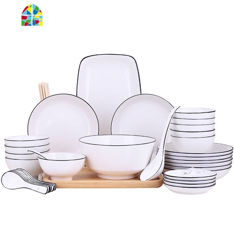 北欧碗碟套装日式家用陶瓷盘子碗2人4情侣组合简约碗筷6单人吃饭 FENGHOU 黑线方款45头(含味碟,鱼盘)图片