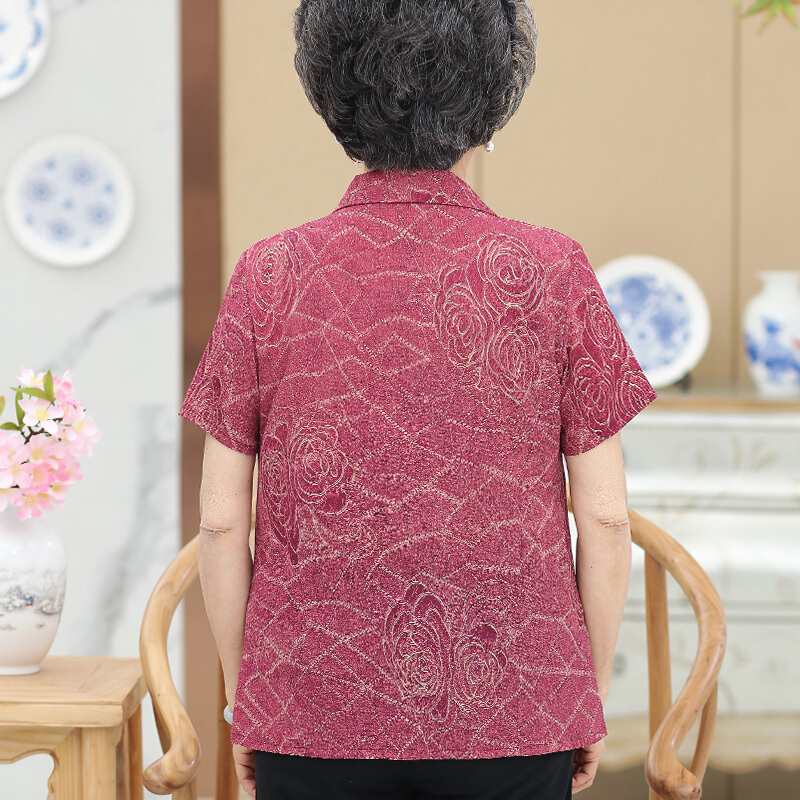 奶奶装夏装套装老太雪纺上衣60-70岁中老年女装短袖T恤妈妈两件套红色两件套装L建议75-90斤