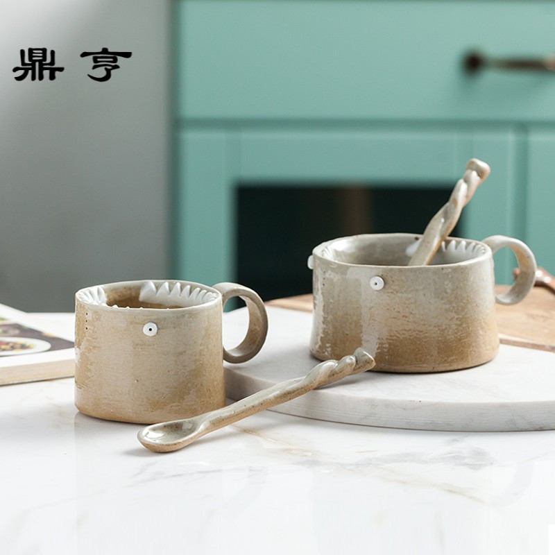 鼎亨原创手工复古陶瓷咖啡杯迷你咖啡杯送勺马克杯 可爱恐龙杯勺