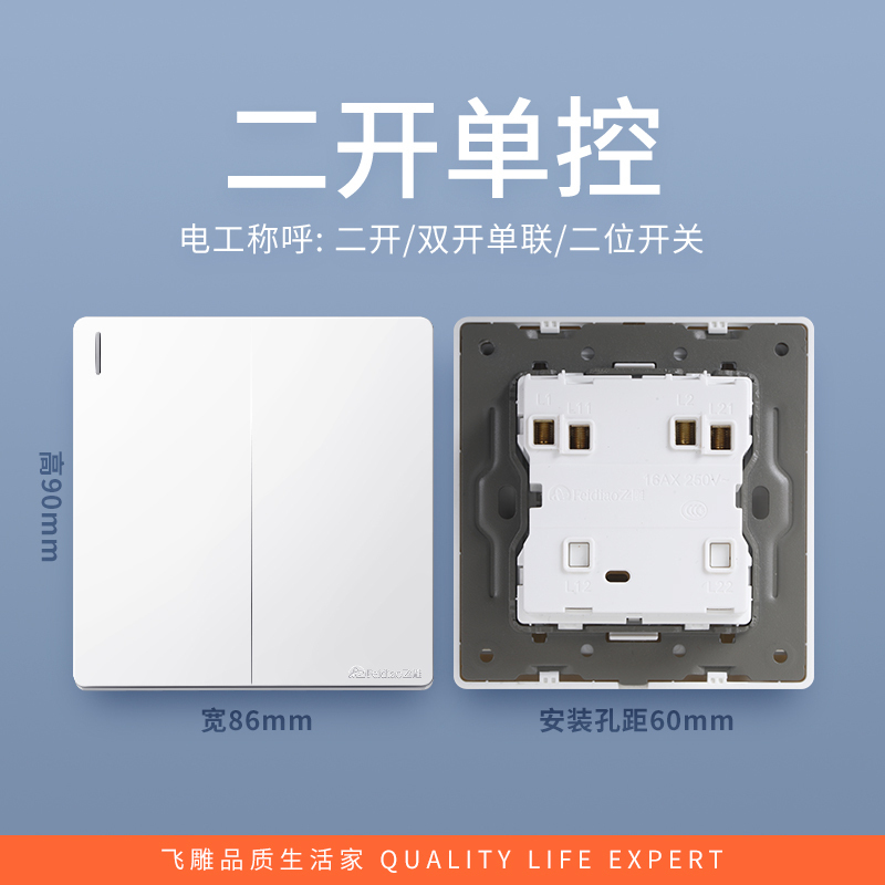 飞雕(FEIDIAO)开关插座86型家用暗装 超大面板钢支架 雕琢系列电源墙壁开关面板 拉丝白二开单控