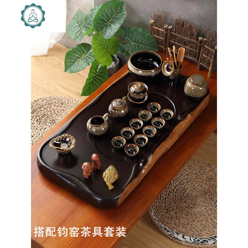 茶盘实木黑檀家用简约整块功夫茶具排水原木托盘大号长方形泡茶台 封后 黑檀如意55+荷韵茶具