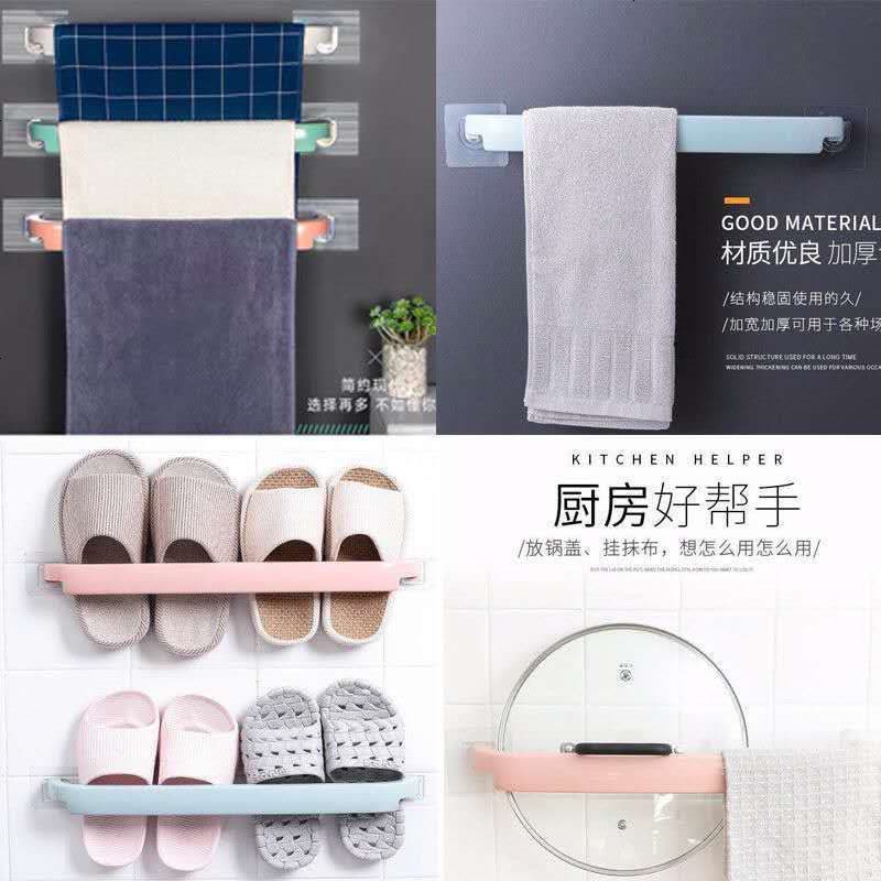 浴室毛巾架粘贴免打孔厨房单杆抹布挂架卫生间加厚毛巾杆置物架子 大号毛巾杆[北欧粉2个装]图片