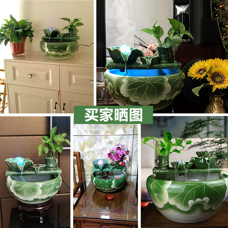 陶瓷流水器家居客厅电视柜自动循环养鱼盆增氧金鱼缸加湿摆件 三维工匠 荷韵珠光流水配件(青色)高清大图