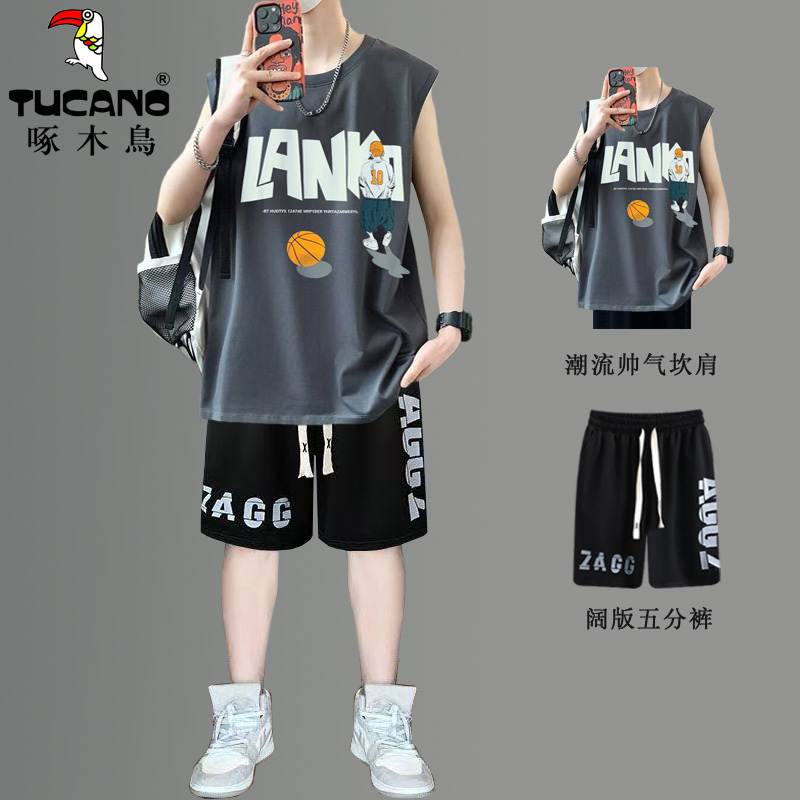 啄木鸟新款夏季纯棉背心坎肩男孩无袖T恤青少年学生潮流帅气套夏高清大图