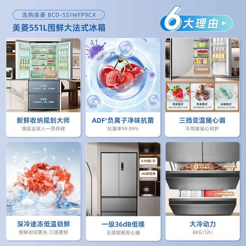美菱[收纳师]冰箱551升法式多门四门家用新品大容量净味抗菌双变频一级能效风冷无霜电冰箱551WFP9CX高清大图