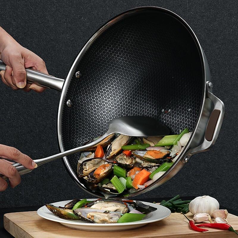 [新品]炊大皇炒锅 不粘锅304不锈钢平底炒锅蜂窝晶纹炒菜锅具 家用电磁炉燃气通用厨具 不锈钢炒锅高清大图
