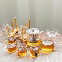 玻璃茶具套装家用茶杯办公室功夫茶具泡茶壶简约小茶台茶道一壶 八骏壶+六彩把杯9件套+杯架