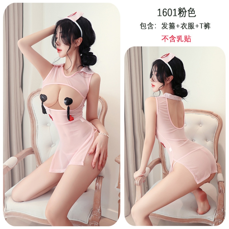 长夜漫漫情趣内衣性感透视开叉免脱纯欲护士服职业装制服诱惑1601 粉色 均码(80-125斤)