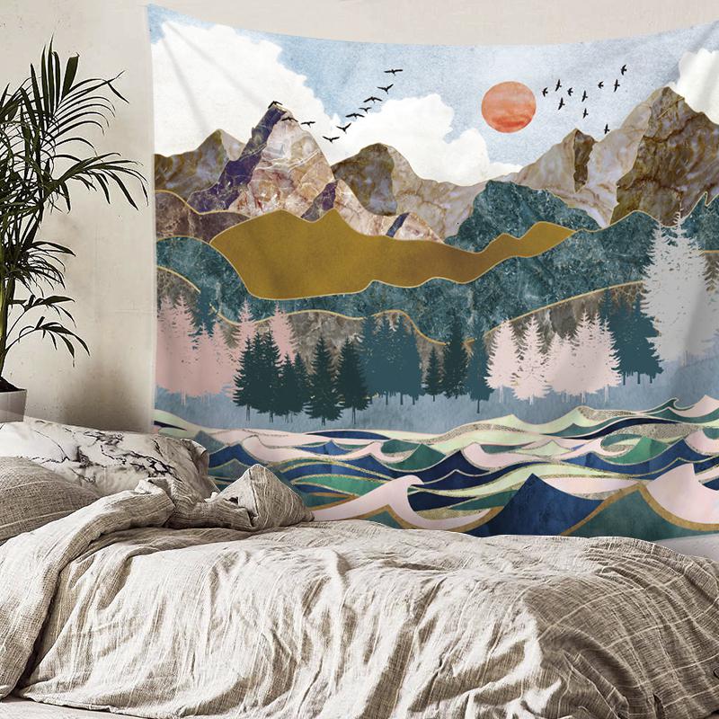 美帮汇复古森林山形床头卧室墙壁挂毯INS北欧装饰挂布壁画背景布 图二 150高*200宽高清大图