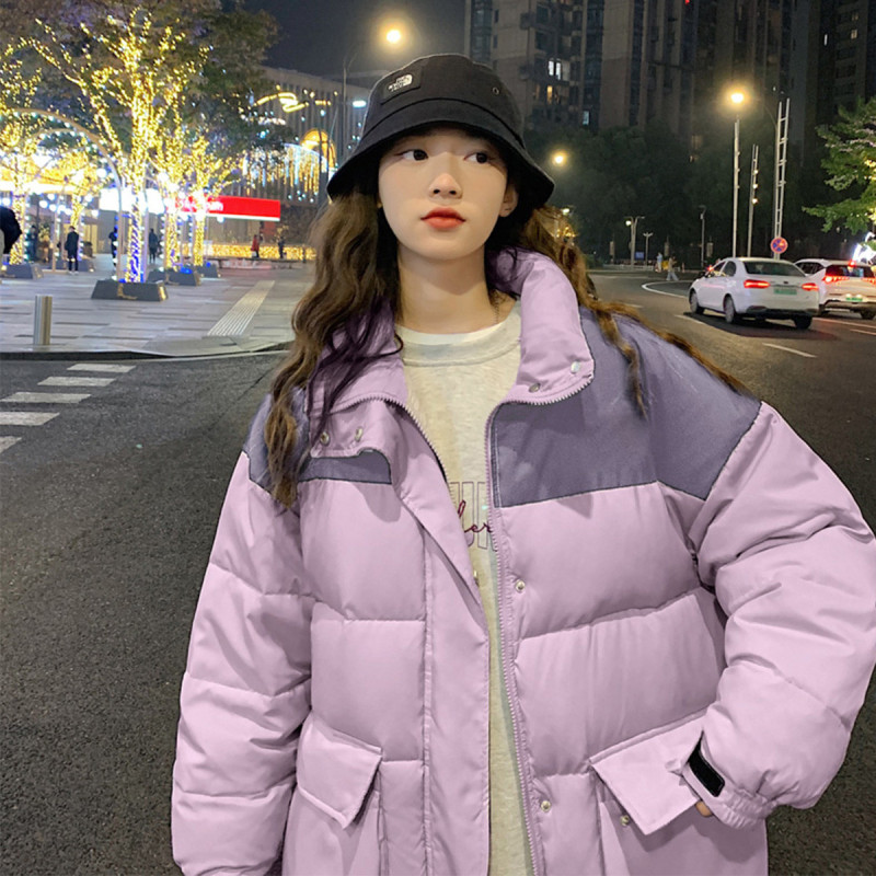 [直降价358元]唐狮冬季羽绒服女立领短款拼色大口袋羽绒服外套男友风潮