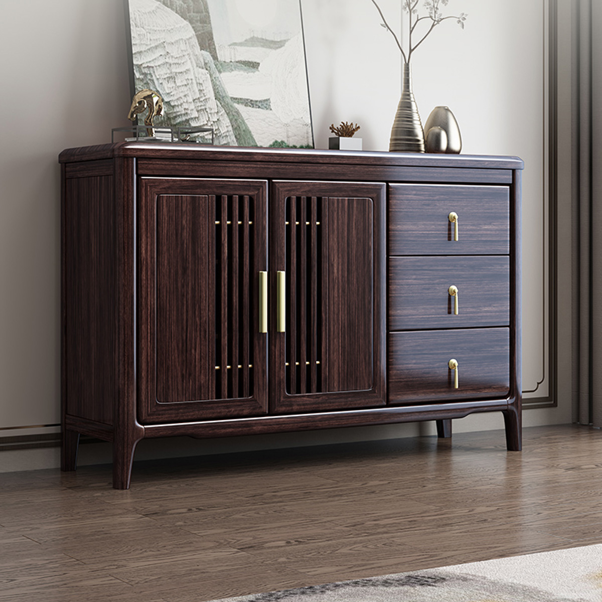 月影梳桐新中式实木餐边柜紫金檀木玄关双门带抽屉储物柜配套红木家具