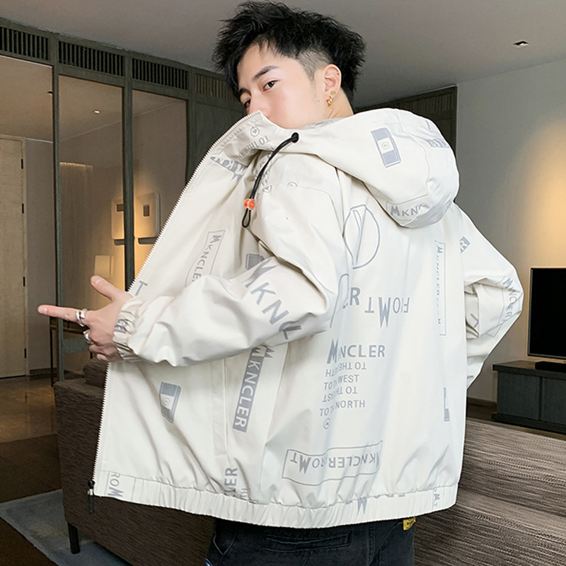 蓝缕金(LANLVJIN)男士夹克春秋季2021新品青年开衫连帽潮字母印花收口袖外套韩版休闲学生男装