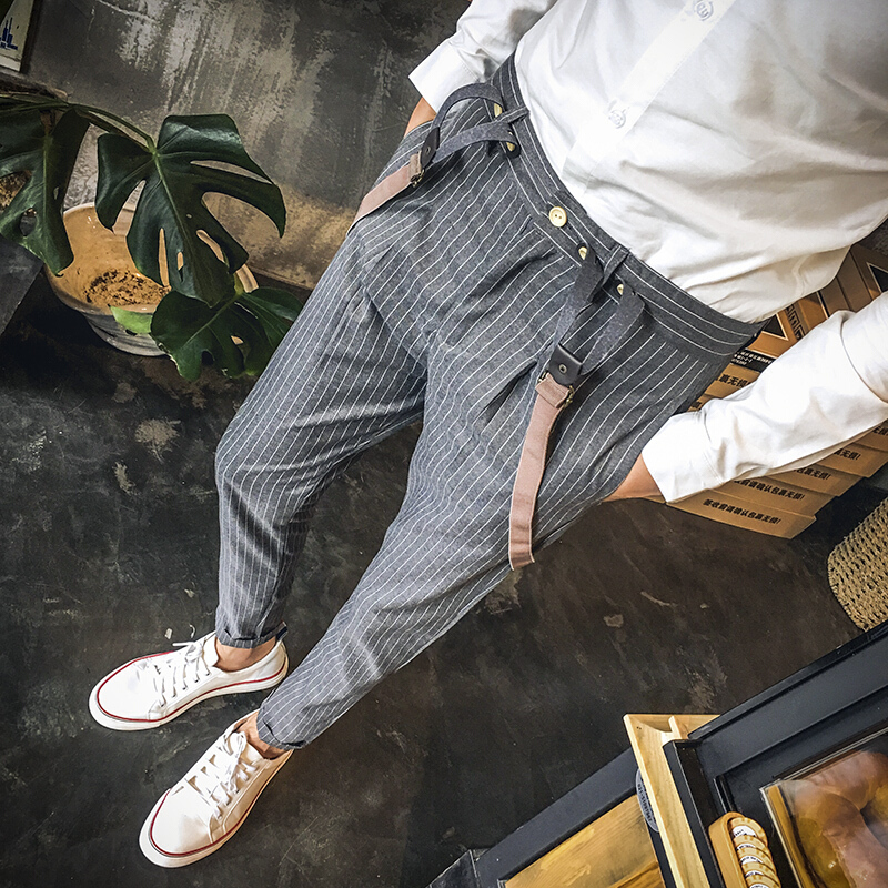 18季男士背带裤条纹休闲裤型师背带裤男生长裤潮男格裤