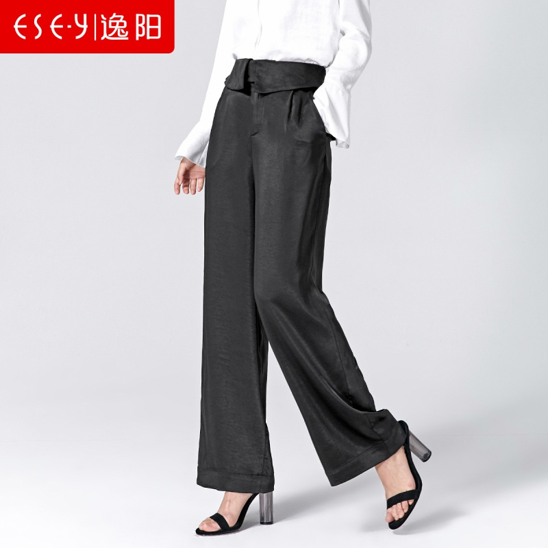 逸阳女裤2020春季新款阔腿裤女花苞腰宽松直筒梭织黑色显瘦长裤女