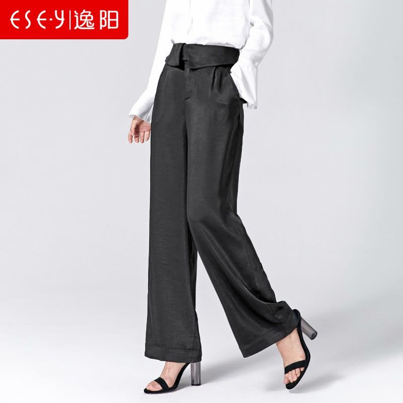 逸阳女裤2020春季新款阔腿裤女花苞腰宽松直筒梭织黑色显瘦长裤女图片
