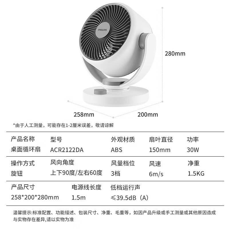 飞利浦(PHILIPS)电风扇家用空气循环扇办公桌面小风扇节能大风量电扇客厅宿舍台扇换气扇四季落地扇ACR2122DA高清大图
