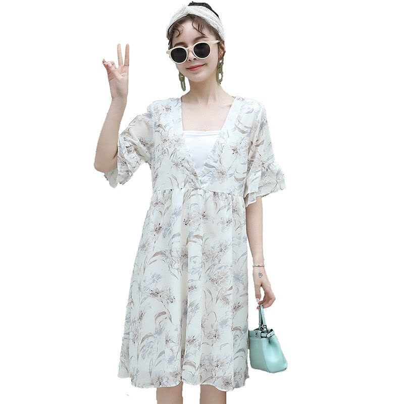 迪鲁奥(DILUAO)孕妇装夏装外出2021新款V领雪纺孕妇连衣裙中长款时尚潮妈孕妇裙子夏季宽松透气 白色裙图片