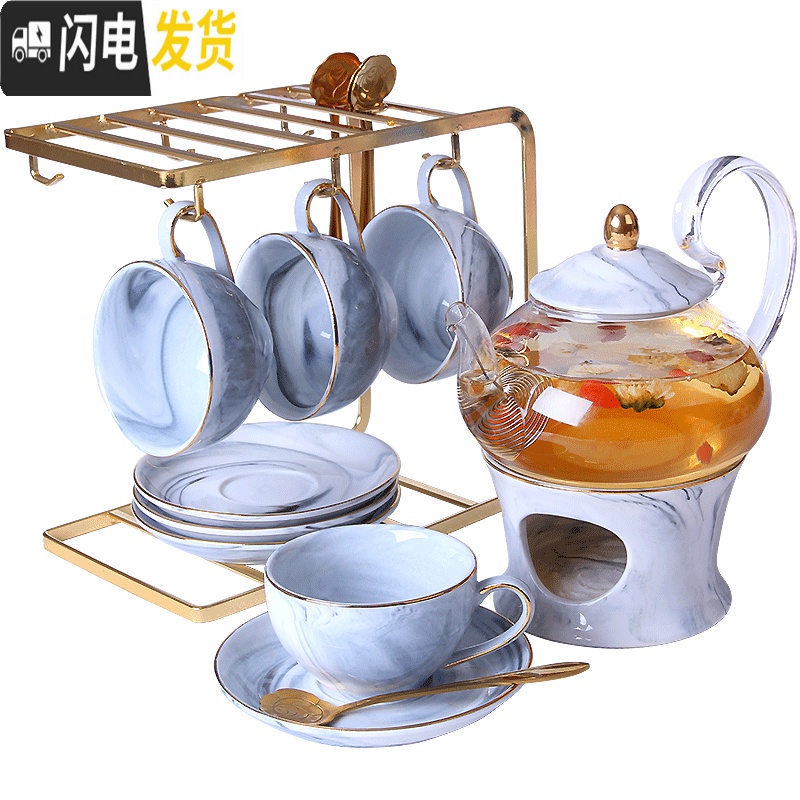 三维工匠欧式煮水果茶泡花茶杯蜡烛加热花茶壶套装英式下午茶茶具玻璃耐热 粉色-6杯6碟6匙+金架高清大图