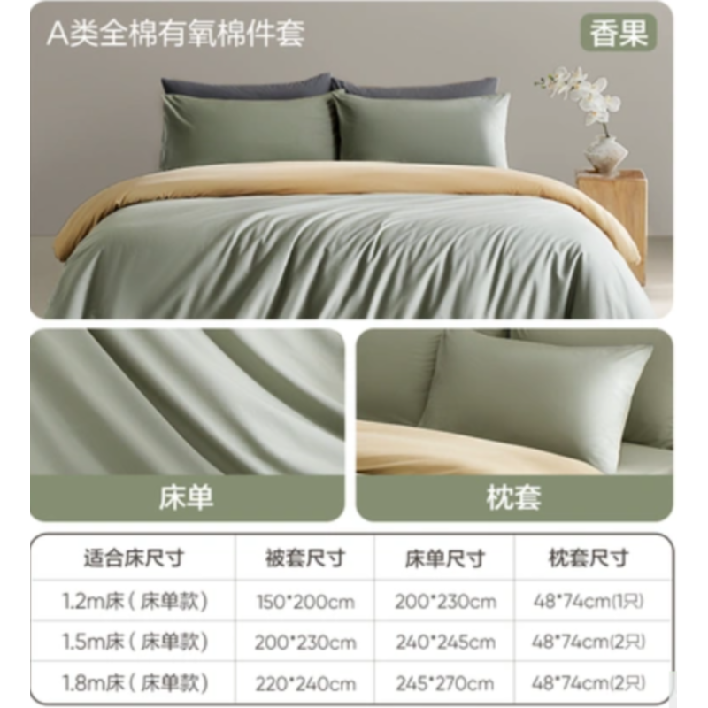 网易严选 水洗棉系列-A类超柔有氧全棉2代香果绿*1.2m床三件套：适用1.5mx2m被芯高清大图
