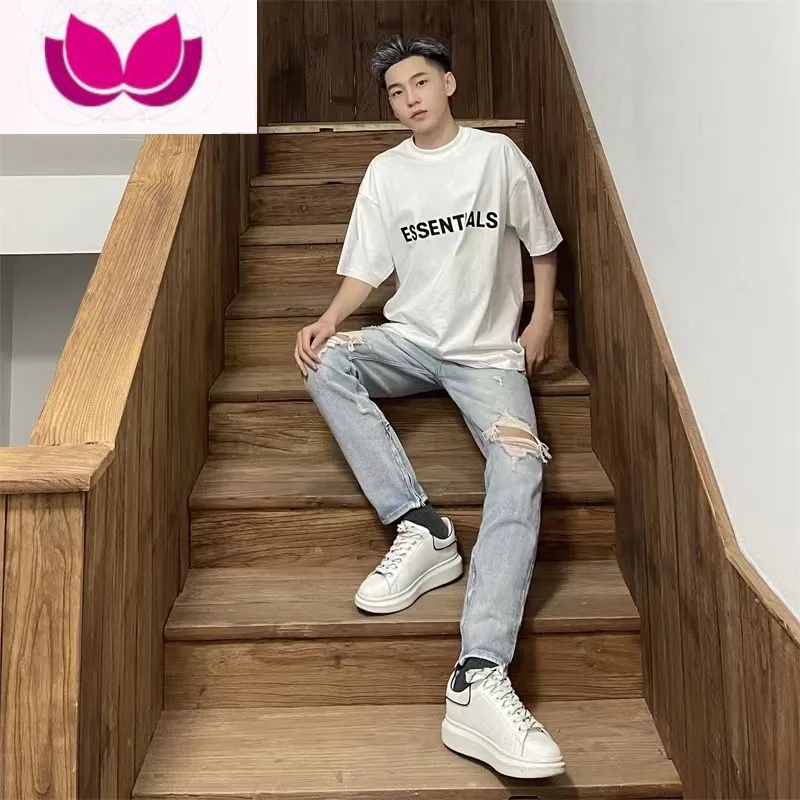 七斓网红同款膝盖破洞牛仔裤男宽松直筒裤社会小伙休闲小脚拉链裤