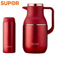 苏泊尔(SUPOR)304不锈钢大容量家用按压式热水壶开水瓶北欧水具套装结婚暖壶开水热水瓶浆果红加水杯套装TK2058Q
