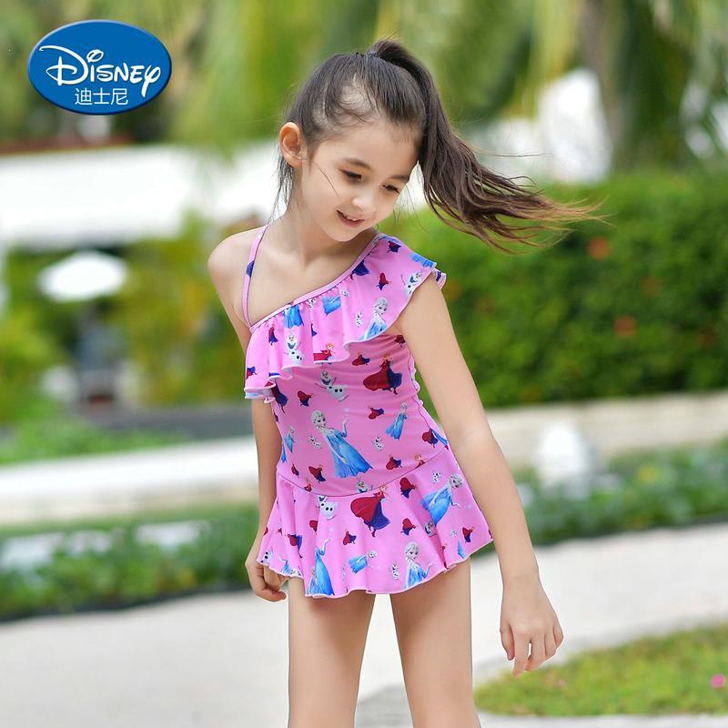 迪士尼儿童泳衣女童泳装连体公主裙式冰雪奇缘裙装冰雪长袖蓝色10码