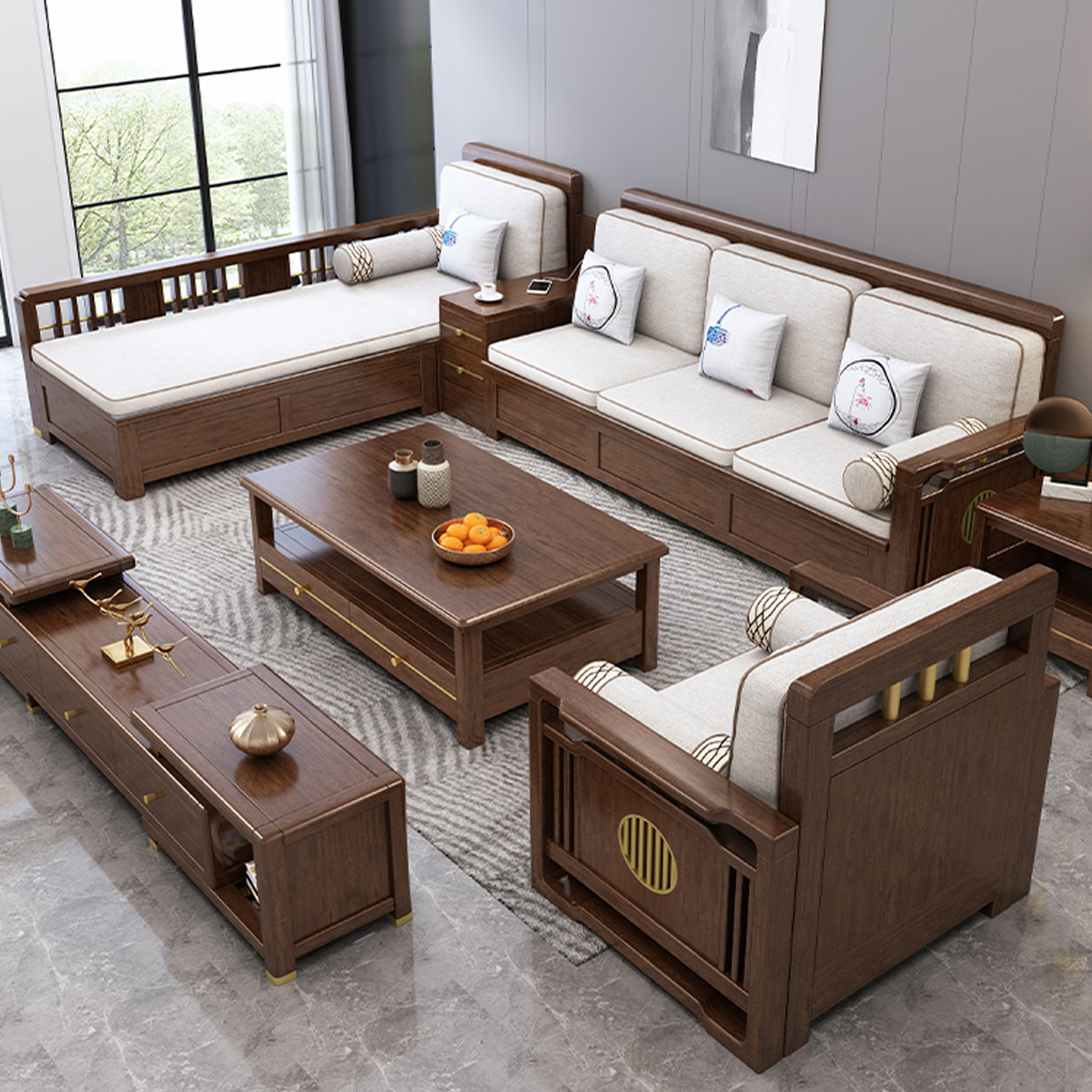 采百木caibaimu新中式实木沙发组合胡桃木客厅家具冬夏两用小户型储物