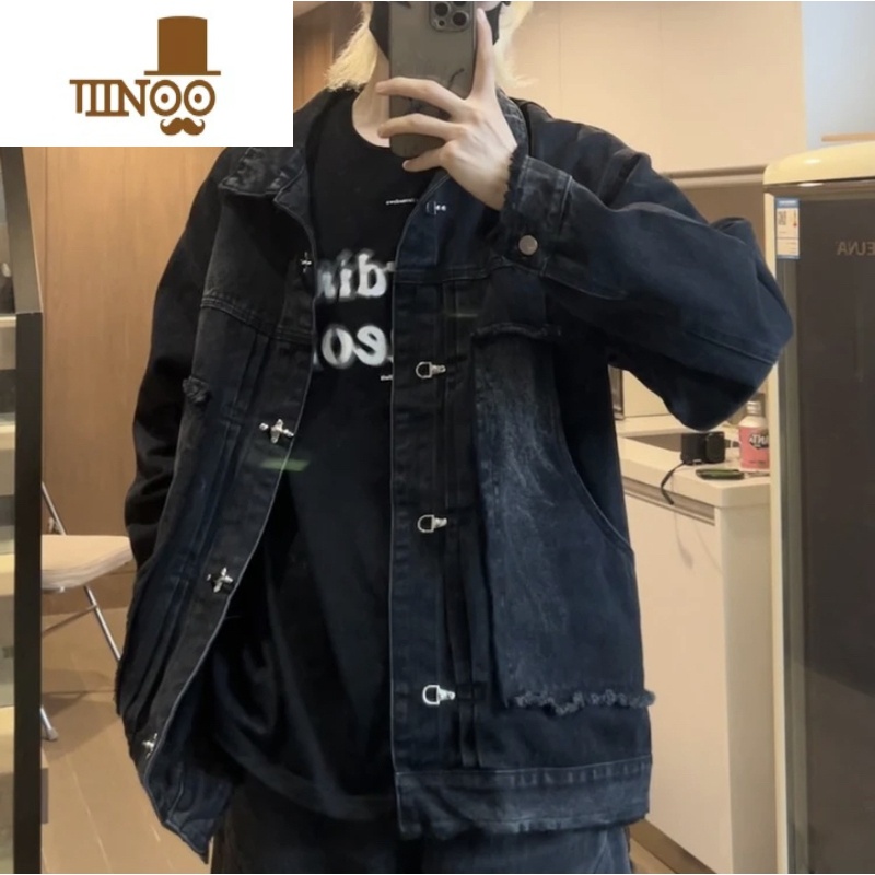 YANXUKKDCR美式宽松百搭水洗秋季男女夹克复古街头设计感牛仔外套上衣高清大图