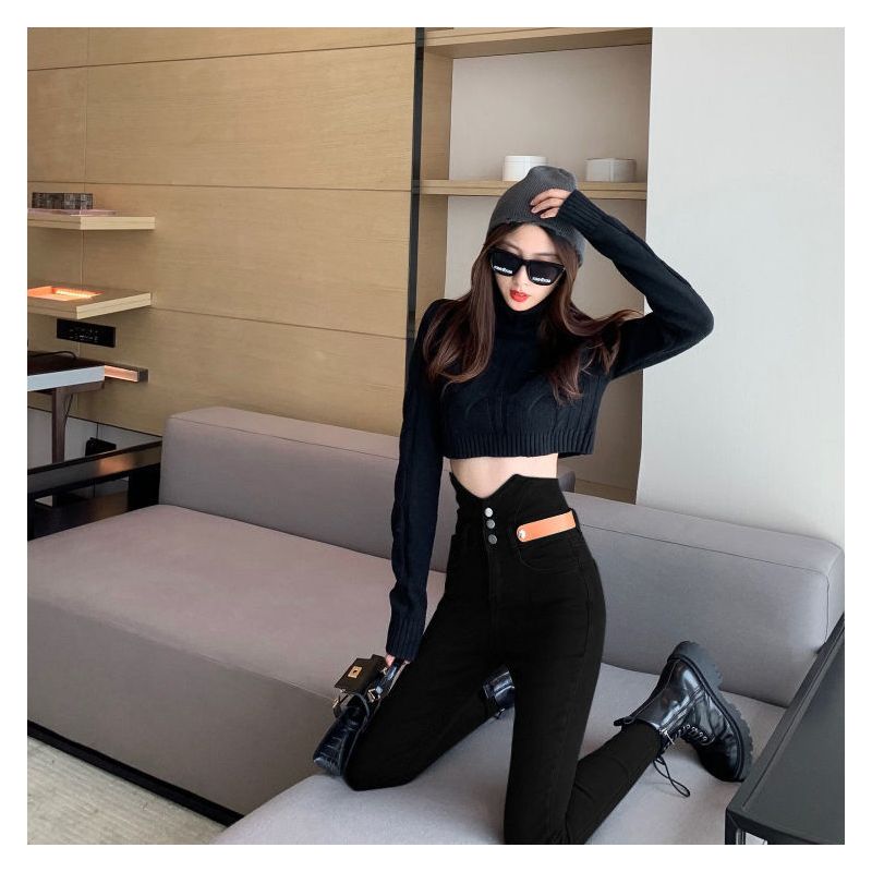 单款/加绒秋冬蓝色牛仔长裤子辣妹显瘦紧身铅笔毛边九分小脚裤女