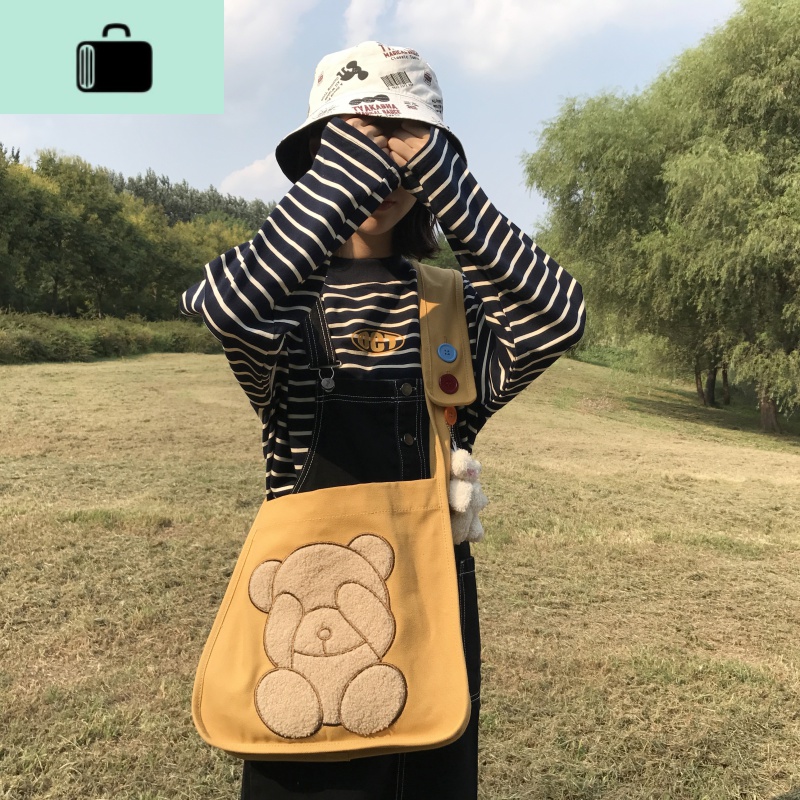 唐糖包袋/自制款可爱刺绣熊双面羊羔绒单肩斜挎包软萌妹帆布挎包NEWLAKE高清大图