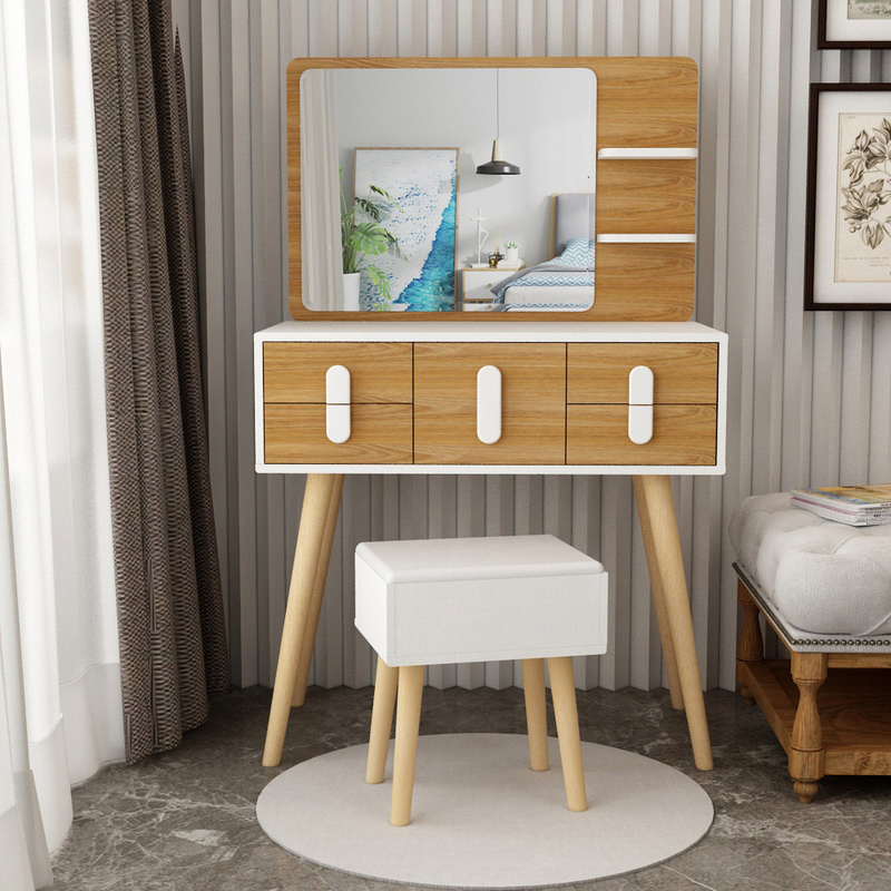 寻木匠梳妆台卧室简约现代小户型书桌一体组装化妆桌实木色桌子带镜子