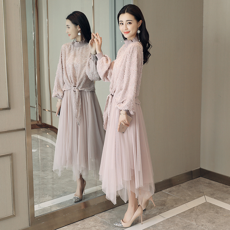 女士春季新品韩版套装女时尚气质雪纺显瘦中长款蕾丝连衣裙两件套