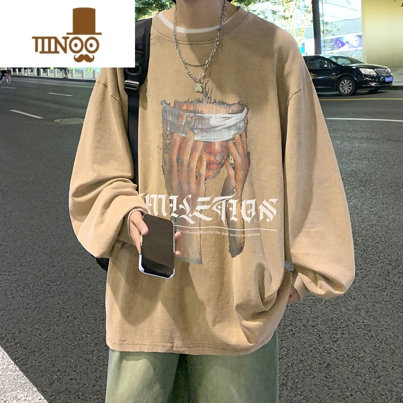 YANXU欧美高街vibe加绒卫衣男潮牌美式水洗做旧无帽长袖T恤高清大图