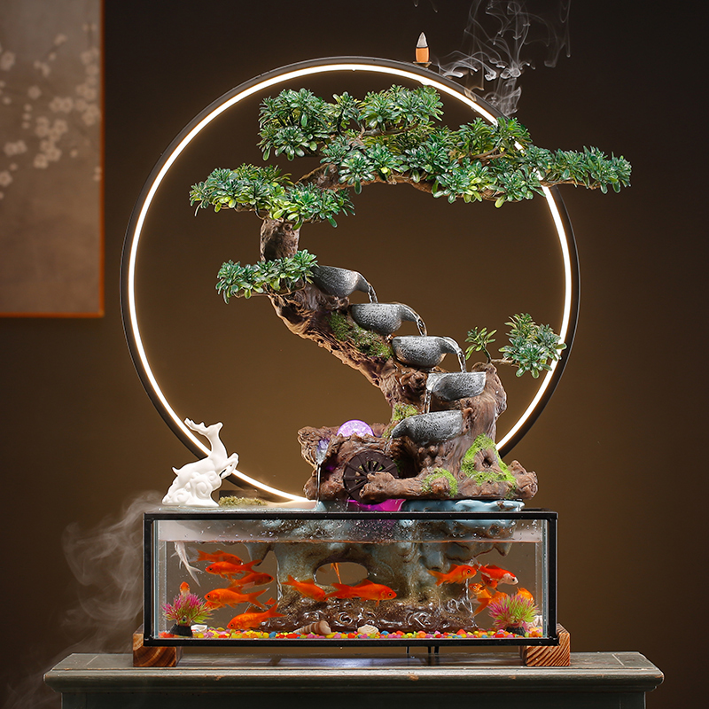 陶瓷流水生财玻璃鱼缸摆件客厅电视柜装饰轮办公开业乔迁礼品高清大图