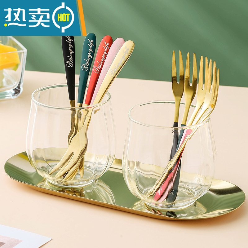 敬平轻奢水果叉子家用不锈钢儿童安全叉子高端餐具 条纹玻璃收纳罐2+混色英文果叉10(厚款)+托盘牙签