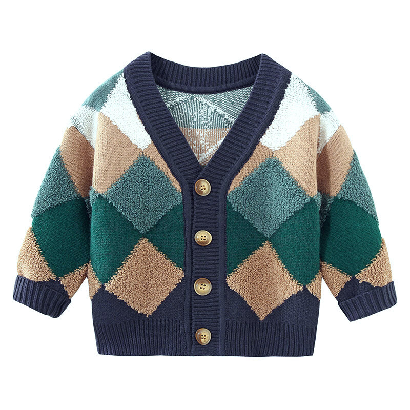 乌鹿童装男童毛衣开衫2021秋冬新款儿童外套菱格双层针织衫男宝宝上衣