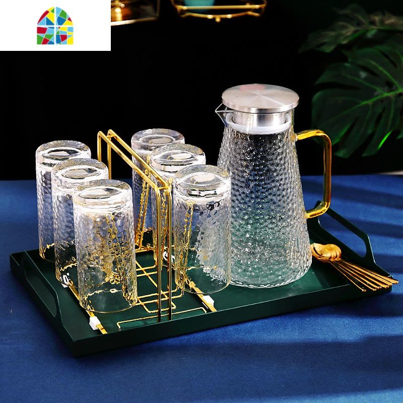封后北欧风冷水壶家用玻璃凉白开水壶凉水杯套装创意耐热高温水壶客厅 FENG 1壶方柄+6锤纹矮杯+金6杯架+墨绿大凉水壶图片