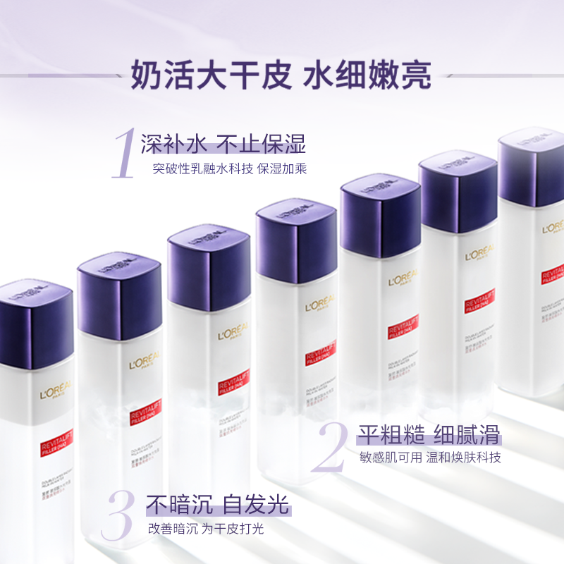 欧莱雅复颜玻尿酸水光充盈双重焕亮精华水130ml (奶盖水 补水保湿 细腻毛孔 爽肤水柔肤水化妆水)高清大图