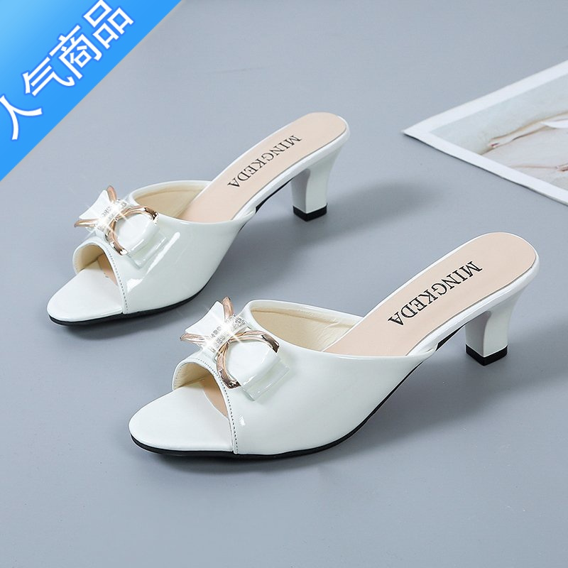 SUNTEK韩版时尚百搭蝴蝶结细跟高跟鞋女式外穿中跟鱼嘴拖鞋大码凉拖女鞋