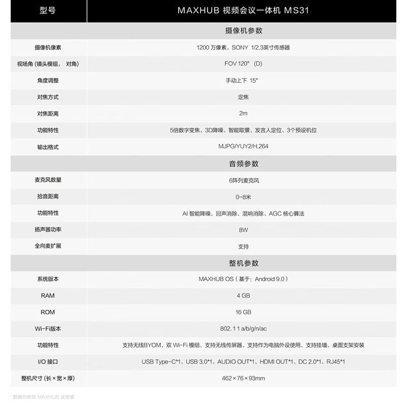 领效(MAXHUB)会议麦克风摄像头一体机4K高清120°广角1200万像素内置8米拾音麦克风MS31